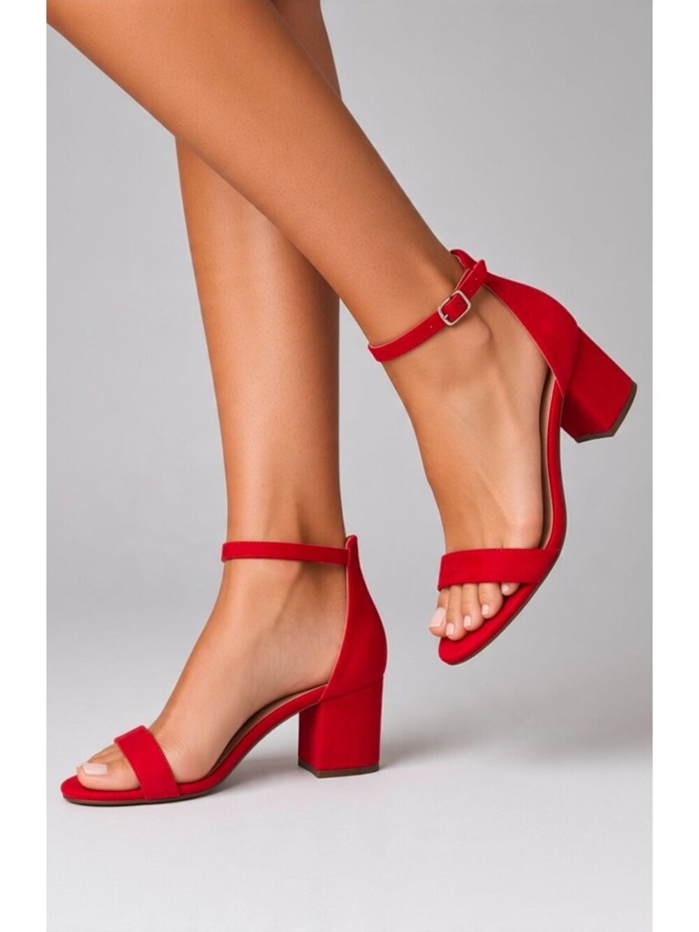Red Suede Open Toe Ankle Strap Block Heel Sandals